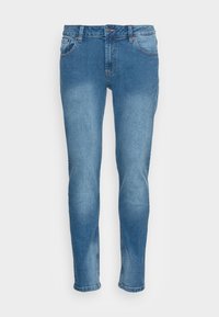 Faded blue denim jeans with a slim fit, five pockets, zip fly, and metal button closure. Lightly textured fabric with subtle wash variations.