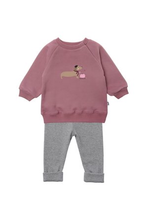 Langärmliges, staubrosafarbenes Sweatshirt mit Dackel- und Kürbisdruck, kombiniert mit hellgrauen, umgeschlagenen Kinderhosen.