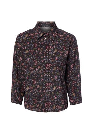 Schwarzes langärmeliges Hemd mit Knopfleiste, rosa-grünem Blumenmuster und spitzem Kragen.
