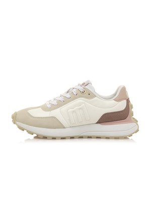 Zapatillas de correr en beige y crema con parte superior de ante y cuero texturizado, suela acolchada, parte delantera con cordones y acentos pastel en contraste.