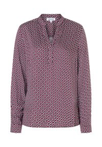 Blouse à manches longues en motif géométrique bordeaux et blanc, avec un col en V et des poignets boutonnés. Fabriquée en tissu léger, texture douce.