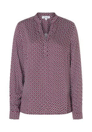 Langärmlige Bluse im geometrischen Muster in Bordeauxrot und Weiß, mit V-Ausschnitt und geknöpften Manschetten. Hergestellt aus leichtem Material mit glatter Textur.