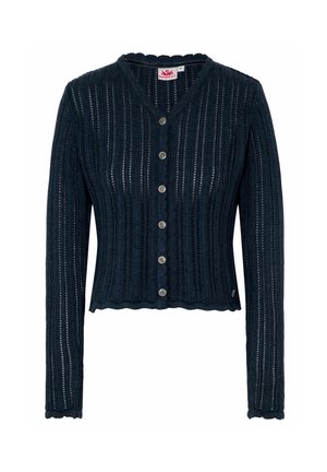 Marineblaue Strickjacke mit einem gewellten Saum, langen Ärmeln, V-Ausschnitt und fünf Knopfverschluss. Sie zeichnet sich durch eine gerippte Textur und ein offenes Webdesign aus.