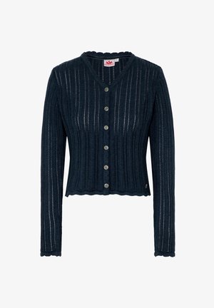 Cardigan en tricot bleu marine avec un ourlet en dentelle, manches longues, col en V et fermeture à cinq boutons. Présente une texture côtelée et un design en tissage ouvert.
