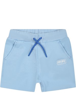 Pantaloni shorts azzurri con vita a costine, cordoncino blu, tasche laterali e patch bianco con la scritta "KENZO PARIS". Tessuto morbido.