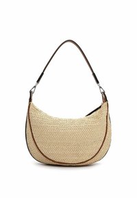 Sac hobo en paille tissée avec une forme courbée, accents en cuir brun et une seule bandoulière. Beige clair avec une surface texturée.