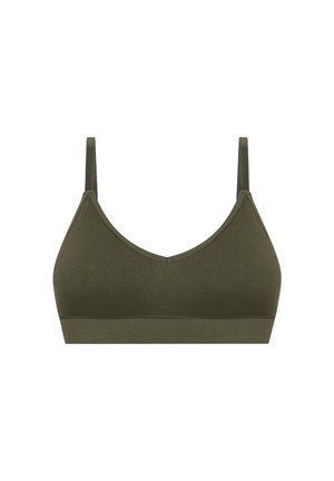 Olijfgroen bralette gemaakt van zacht materiaal, met een eenvoudig driehoekig ontwerp, verstelbare bandjes en een brede band aan de onderkant.