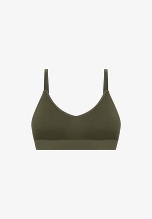 Olivgrüner Bralette aus weichem Material mit einem schlichten, dreieckigen Design, verstellbaren Trägern und einem breiten Bund an der Unterseite.
