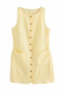 Ärmelloses Leinenkleid in hellgelb mit einer durchgehenden Knopfleiste, zwei Fronttaschen und einem runden Ausschnitt. Glatte, leichte Textur.