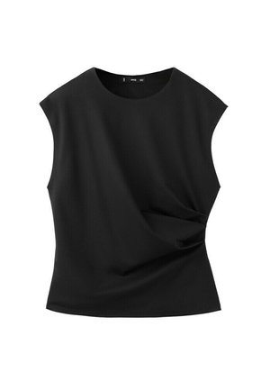 Black sleeveless top with round neckline and side twist detailing at the waist, made of smooth fabric.