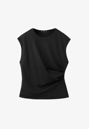 Black sleeveless top with round neckline and side twist detailing at the waist, made of smooth fabric.