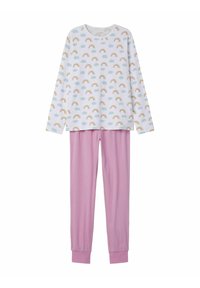 Haut de pyjama blanc à manches longues avec imprimé arc-en-ciel et nuages, associé à un pantalon rose fuselé avec des poignets élastiques. Tissu en coton doux.