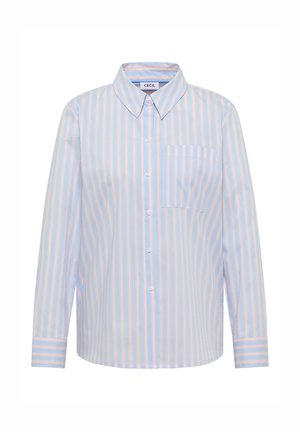 Lichtblauw shirt met lange mouwen, verticale roze en witte strepen, een button-down kraag en een linkerborstzak. Gladde stoftextuur.