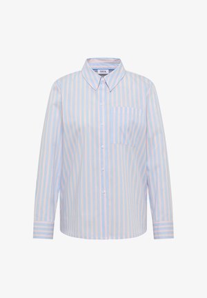 Světle modrá košile s dlouhým rukávem, svislé růžové a bílé pruhy, límec na knoflíky a levá náprsní kapsa. Hladká textilie.