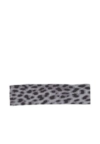 Large bandeau en tissu gris avec imprimé léopard noir. Texture lisse, forme rectangulaire avec un élastique pour un ajustement confort.