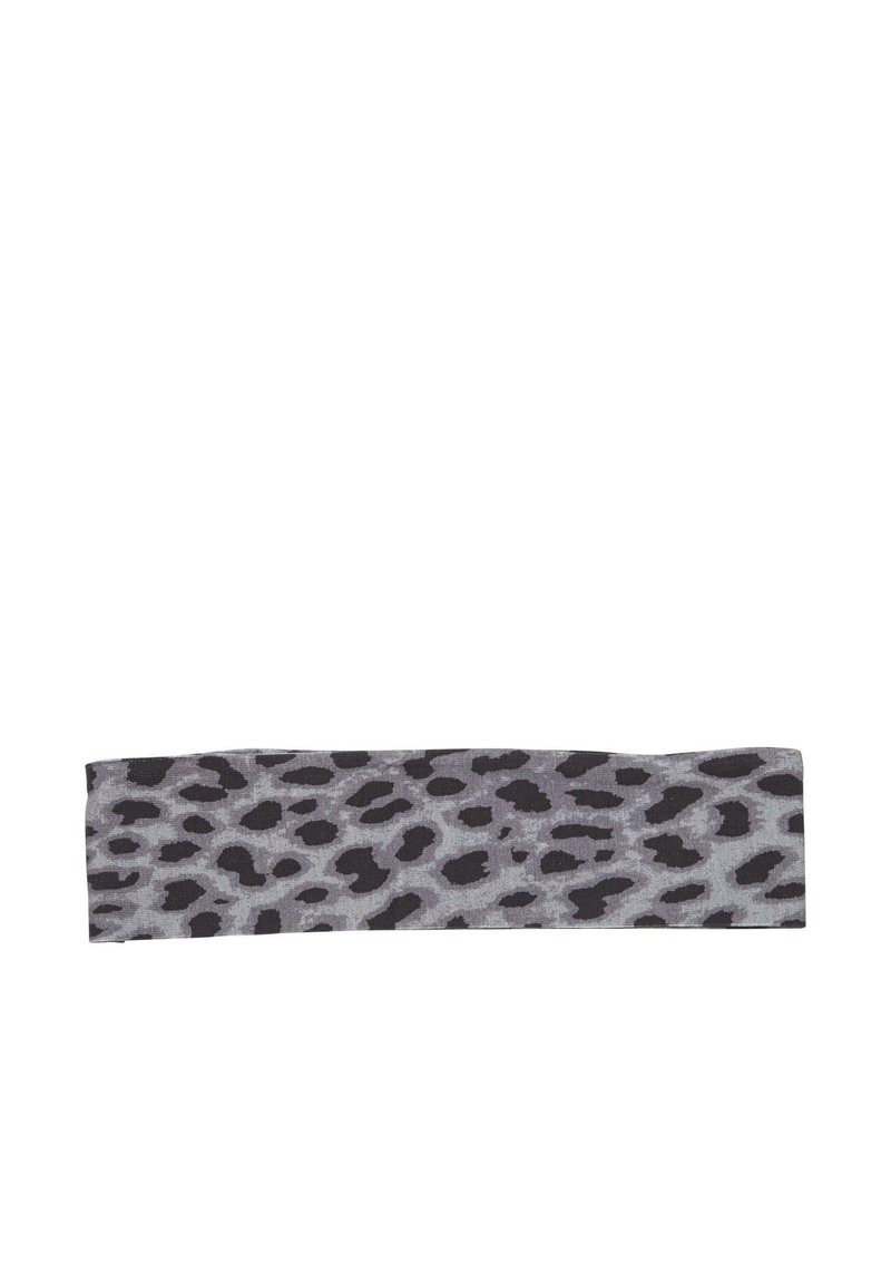 Large bandeau en tissu gris avec imprimé léopard noir. Texture lisse, forme rectangulaire avec un élastique pour un ajustement confort.
