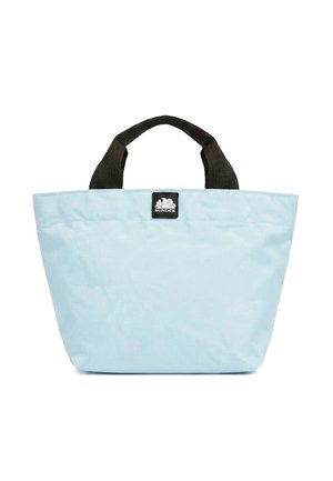Borsa a tracolla azzurra chiaro con manici neri e una piccola toppa con logo nero in alto al centro con la scritta "SUNDECK."