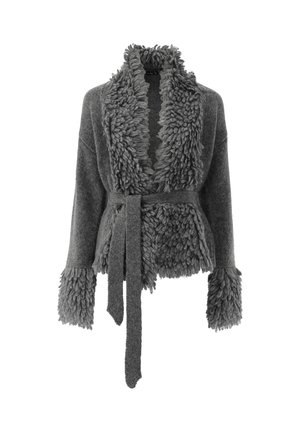 Gray sweater with a textured, fluffy collar and cuffs. Features a belt at the waist and oversized sleeves, crafted from soft material.