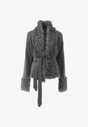 Gray sweater with a textured, fluffy collar and cuffs. Features a belt at the waist and oversized sleeves, crafted from soft material.