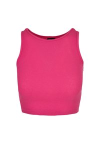 Tight pink ribbad crop top med rund halsringning och breda axelband. Slät yta med en ren fåll.