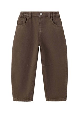 Brune bukser til småbørn med elastisk talje, frontknaplukning, bæltestropper, to frontlommer og lige ben.
