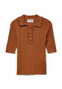 Haut en tricot marron à manches courtes côtelé avec un col à volants et une patte de boutonnage, étiqueté "AWARE", posé à plat sur un fond blanc.