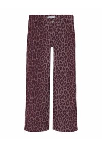 Pantalons à jambes larges en imprimé léopard dans une palette de couleurs bordeaux et marron. Comprend une fermeture à bouton et un design classique à cinq poches.