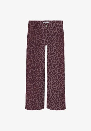 Pantalons à jambes larges en imprimé léopard dans une palette de couleurs bordeaux et marron. Comprend une fermeture à bouton et un design classique à cinq poches.