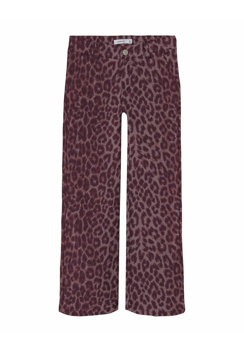 Pantalons à jambes larges en imprimé léopard dans une palette de couleurs bordeaux et marron. Comprend une fermeture à bouton et un design classique à cinq poches.