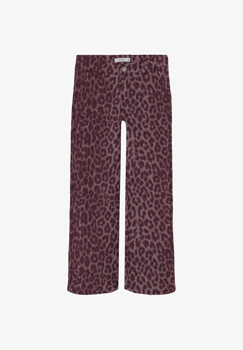 Pantalons à jambes larges en imprimé léopard dans une palette de couleurs bordeaux et marron. Comprend une fermeture à bouton et un design classique à cinq poches.
