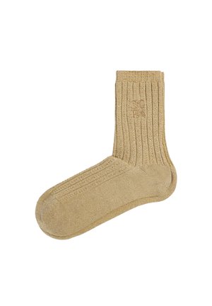 Calcetines beige con canalé y un acabado texturizado, con un detalle del logotipo en el tobillo. Presentan un talón y una puntera reforzados para mayor durabilidad.