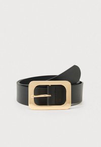 Mustast nahast vöö ristküliku kujulise kuldse metallist pandlaga ja siledapinnaline tekstuur. Disainil on üks kinnitusetihvt.