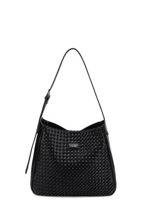Borsa a spalla in pelle nera con trama intrecciata, tracolla regolabile e targhetta con il logo "Diana&Co Firenze" sul davanti.