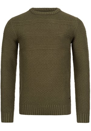Pull en tricot de couleur vert olive, présentant un motif texturé avec des rayures horizontales, un col rond et des poignets et un ourlet côtelés.