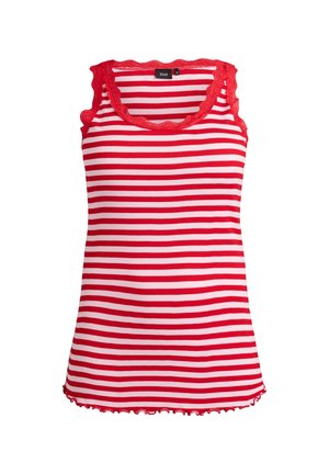 Czerwony i biały top na ramiączkach w paski z koronkową falbanką przy dekolcie i na brzegu. Wykonany z prążkowanej tkaniny o dopasowanym kroju.