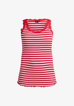 Rot-weiß gestreiftes Tanktop mit gewelltem Spitzenbesatz entlang des Ausschnitts und Saums. Hergestellt aus einem gerippten Stoff mit figurbetonter Form.