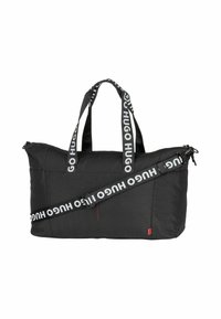 Borsa a spalla nera in tessuto con doppie maniglie, tracolla regolabile e chiusura con zip. Presenta un dettagliato logo bianco prominente e accenti rossi.