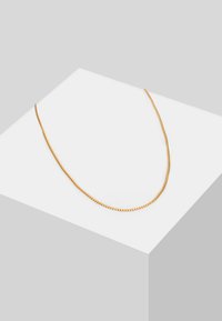 Goldene Kettenhalskette mit einem runden Gliederdesign. Elegante und glatte Textur, hängt graziös und reflektiert Licht vor einem neutralen Hintergrund.