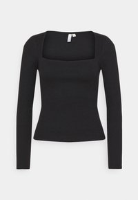 Svart långärmad topp, ribbad textur, figurnära design, fyrkantig halsringning. Tillverkad av elastiskt material med en skräddarsydd midja.