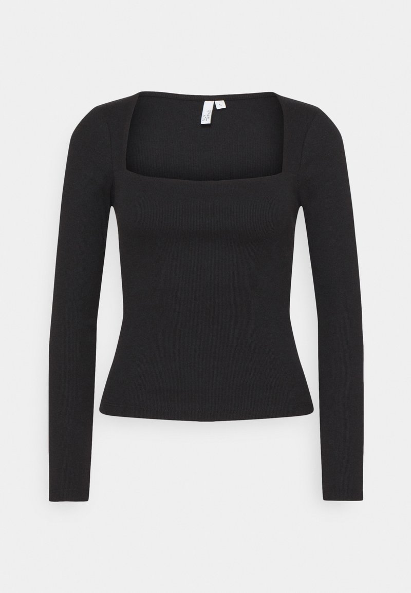 Black long-sleeve top, ribbed texture, fitted design, square neckline. Constructed from stretchable material, with a tailored waistline.
