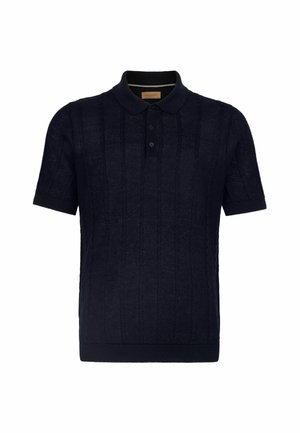 Marineblaue gestrickte Polohemd mit geripptem Kragen, kurzen Ärmeln, strukturiertem Muster und Knopfleiste mit drei Knöpfen.