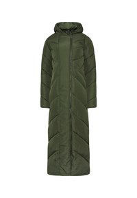 Długi, kapturowy, oliwkowozielony płaszcz puchowy z przednim zamkiem błyskawicznym, z żebrowym przeszyciem i bocznymi kieszeniami. Gładki, lekki materiał.