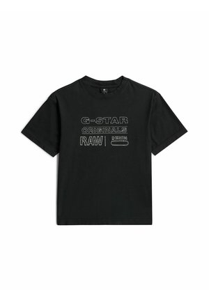 Schwarzes T-Shirt mit kurzen Ärmeln und Rundhalsausschnitt, weißer Text "G-STAR ORIGINALS RAW DENIM" in der vorderen Mitte gedruckt.