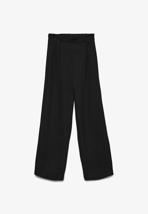 Zwarte wijde broek met een gestructureerde stof, elastische tailleband en riemlussen, plat weergegeven op een witte achtergrond.