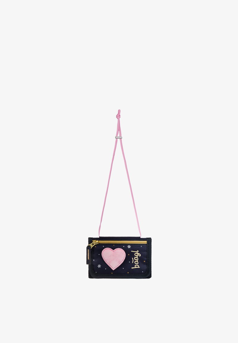 Navy wallet with gold zipper, pink heart patch, "baggi" text, and adjustable pink neck strap hanging against white background.
