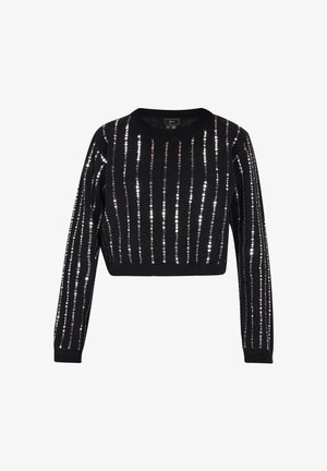 Crni skraćeni pulover s dugim rukavima, ukrašen vertikalnim prugama od srebrnih šljokica, rebrastim izrezom i rubom, teksturiranim pletenim materijalom.