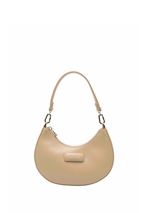 Beige crescent-shaped leather handbag with a single strap and gold-tone hardware, branded with "Lacoste" on the front.