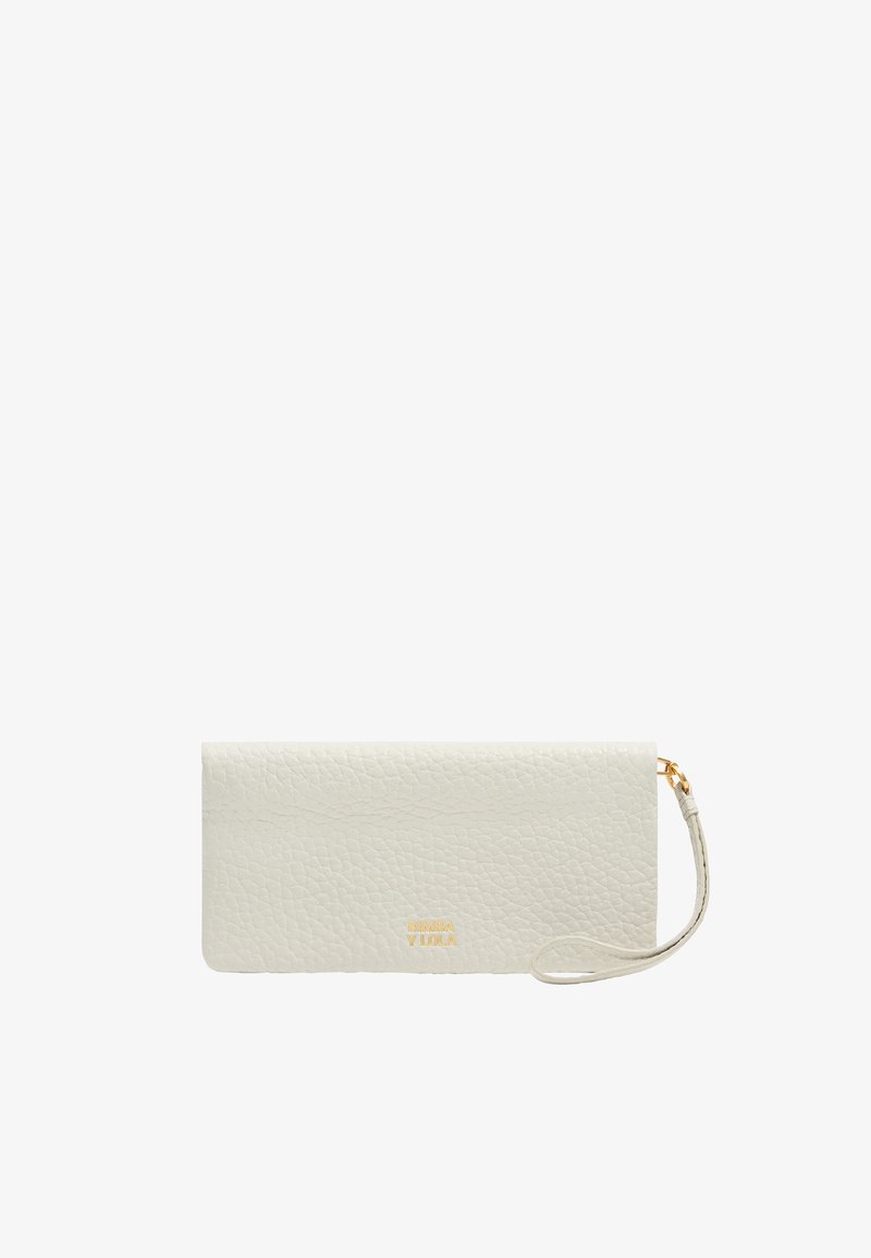 White leather wallet with a textured finish, featuring a gold logo, a wrist strap, and a sleek, rectangular shape.