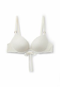 Sujetador blanco con un diseño de malla texturizada, soporte de aros, tirantes ajustables y un cierre frontal con lazo para un ajuste personalizable.