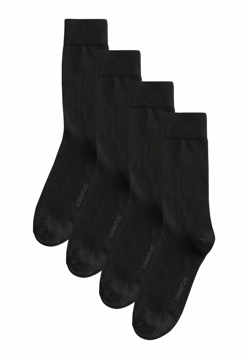 Černé bavlněné ponožky, zesílená špička, žebrované manžety, čtyři páry uložené na sobě, hladká textura, bez vzorů, minimalistický design.